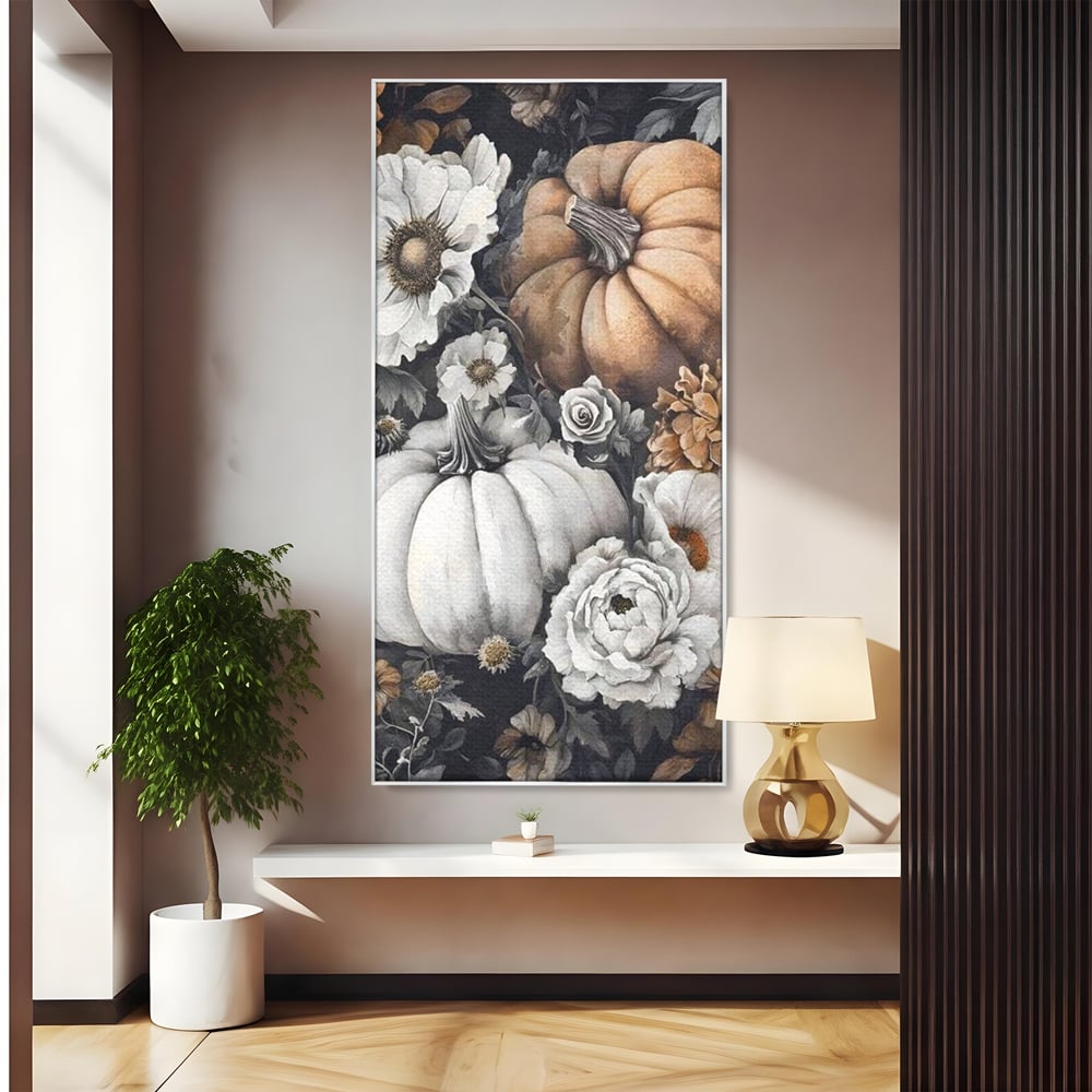Tablou canvas cu ilustratie cu dovleci si flori de toamna, in rama de aluminiu argintiu