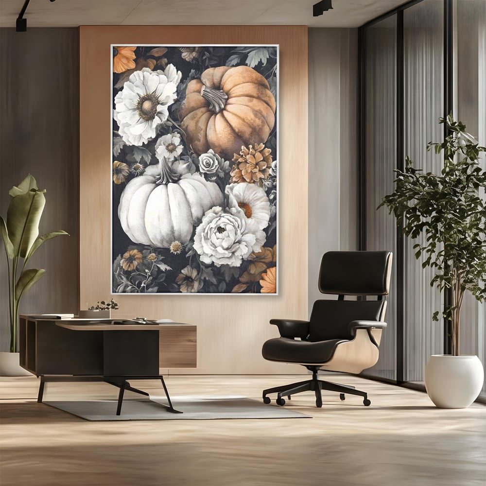 Tablou canvas cu ilustratie cu dovleci si flori de toamna, in rama de aluminiu argintiu, pe perete intr-un birou