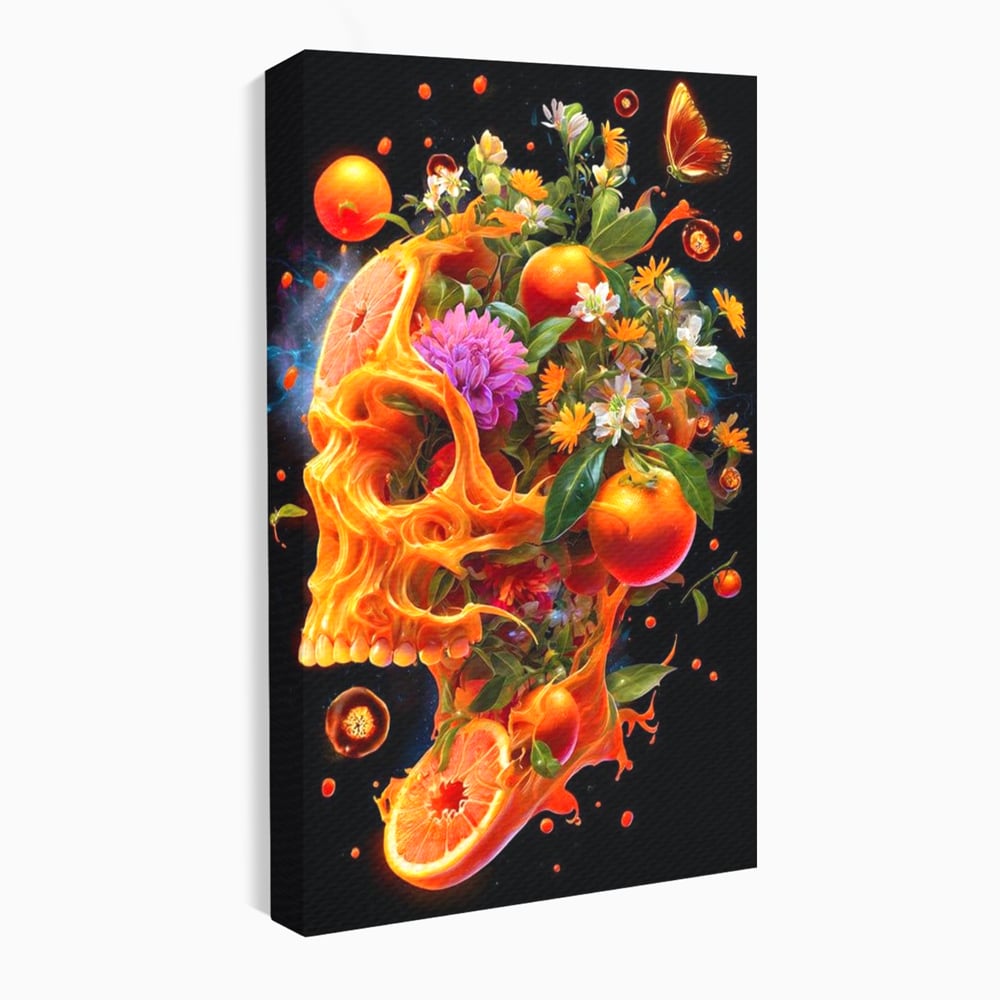 Tablou canvas cu tablou canvas cu craniu din portocale, fara rama, pe sasiu de lemn