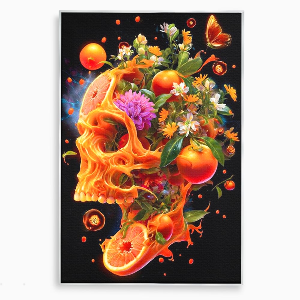 Tablou canvas cu tablou canvas cu craniu din portocale, in rama de aluminiu argintiu