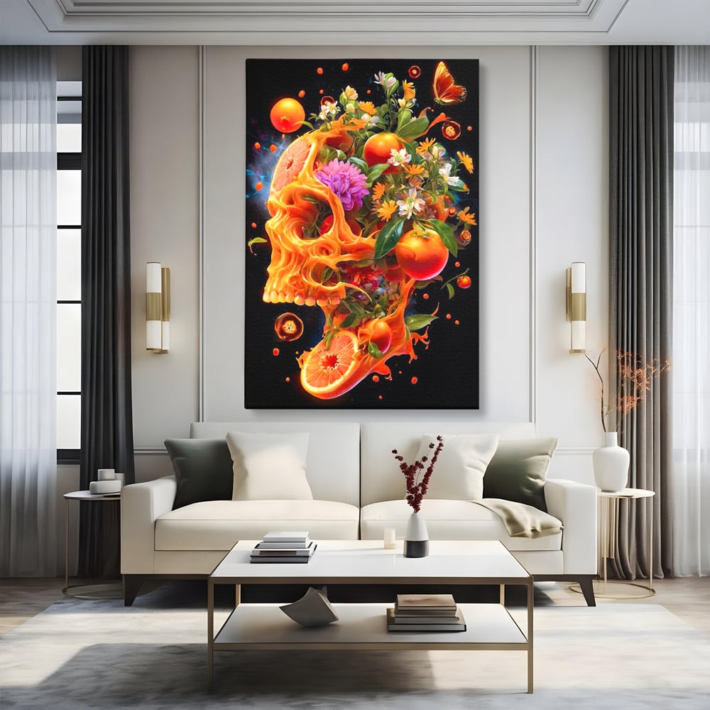 Tablou canvas cu tablou canvas cu craniu din portocale, fara rama, pe sasiu de lemn, pe perete intr-un living