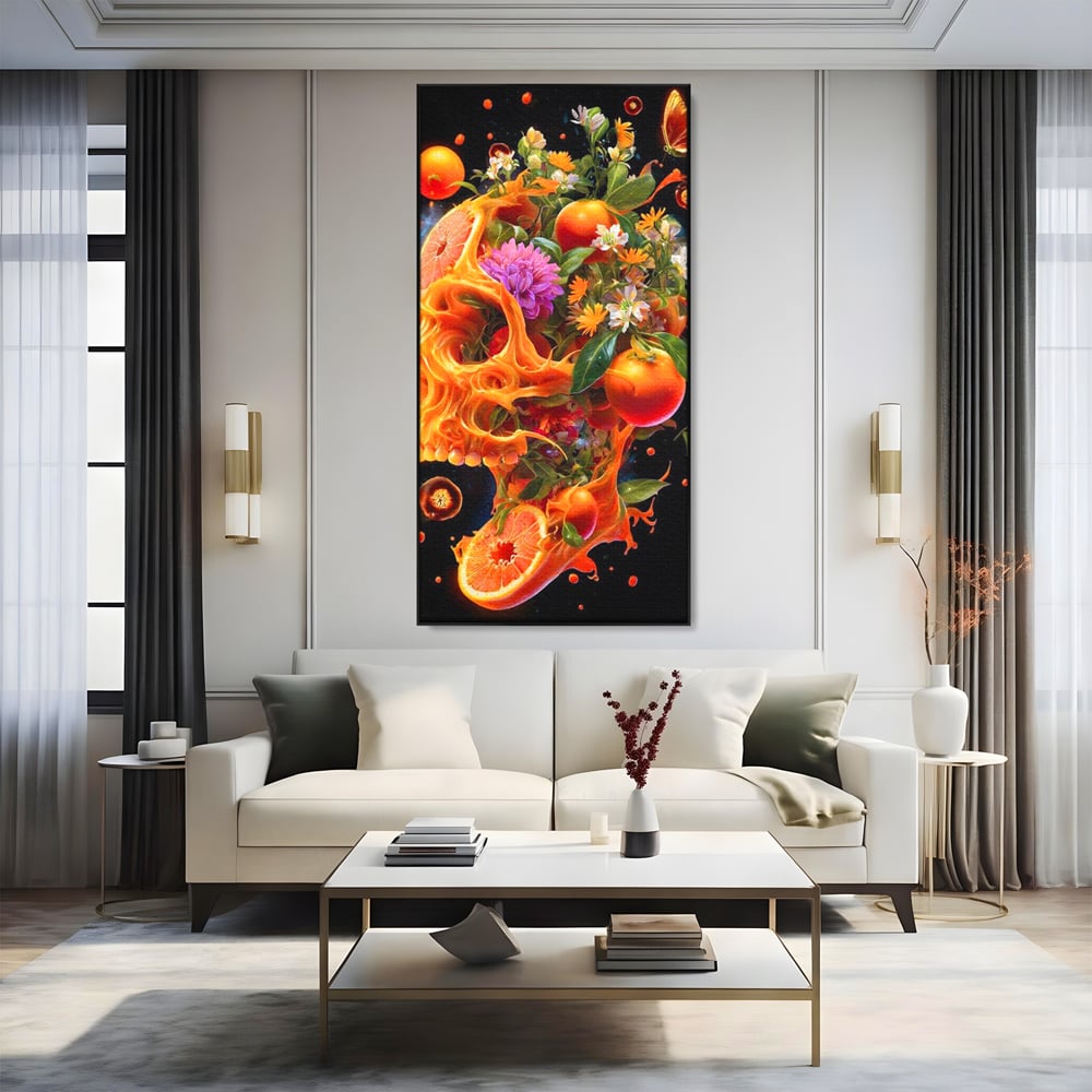 Tablou canvas cu tablou canvas cu craniu din portocale, in rama de aluminiu negru, pe perete intr-un living