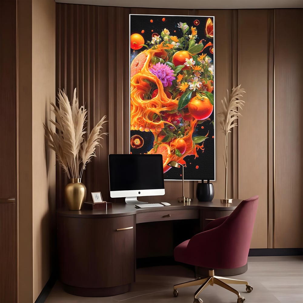Tablou canvas cu tablou canvas cu craniu din portocale, in rama de aluminiu argintiu, pe perete intr-un birou