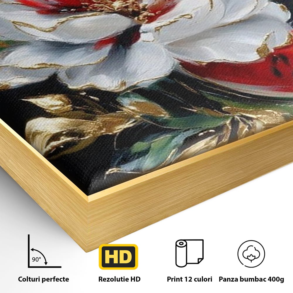 Detaliu al suprafetei: tablou canvas cu floare si pepene, in rama de aluminiu auriu