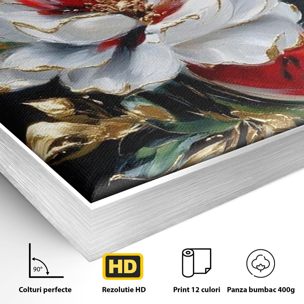 Detaliu al suprafetei: tablou canvas cu floare si pepene, in rama de aluminiu argintiu