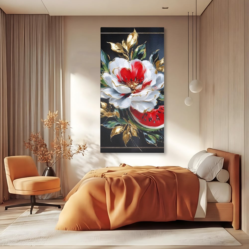 Tablou canvas cu tablou canvas cu floare si pepene, fara rama, pe sasiu de lemn, pe perete intr-un dormitor