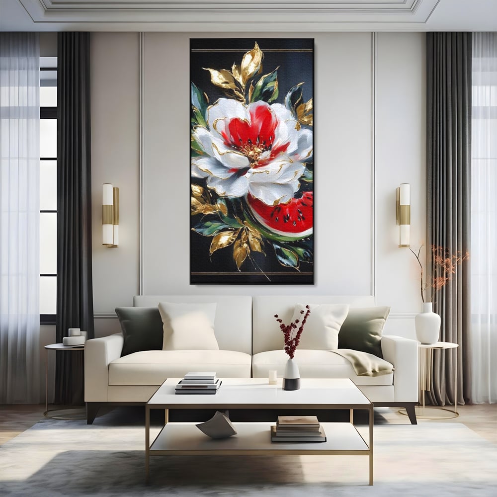 Tablou canvas cu tablou canvas cu floare si pepene, in rama de aluminiu negru, pe perete intr-un living