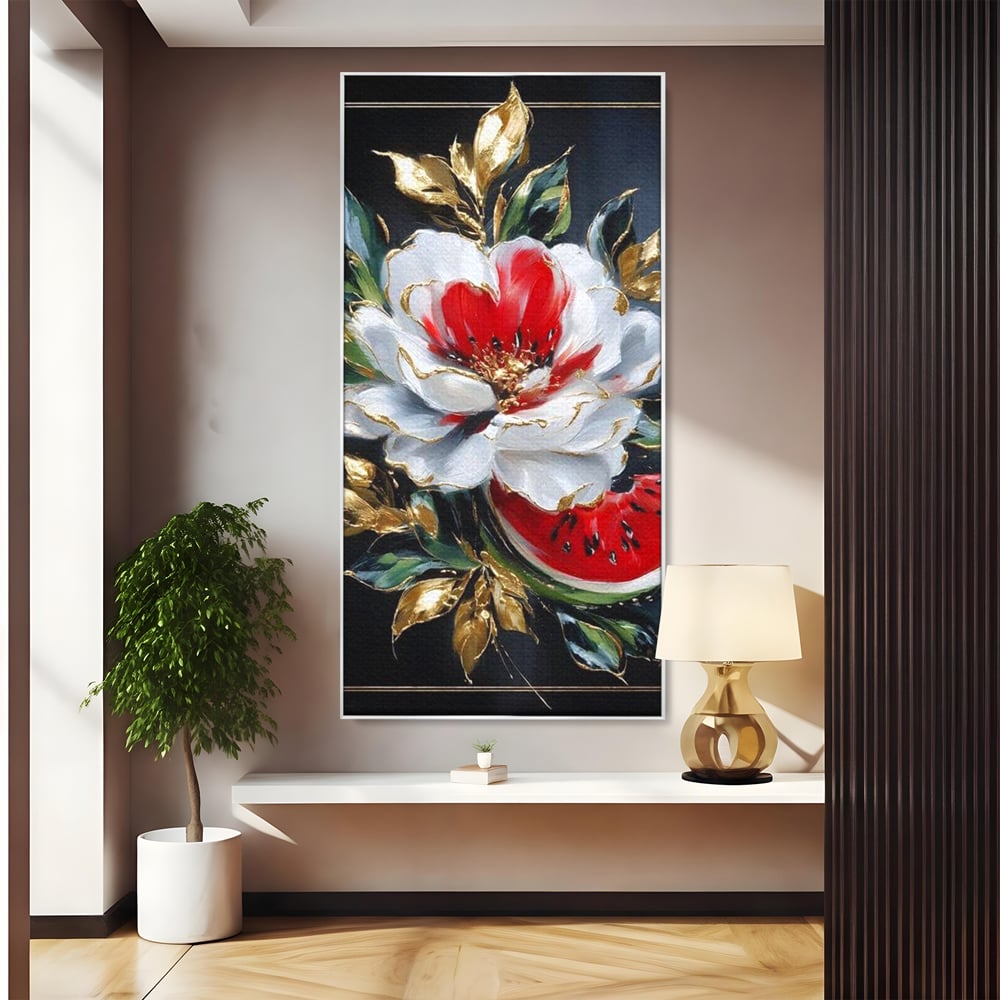 Tablou canvas cu tablou canvas cu floare si pepene, in rama de aluminiu argintiu