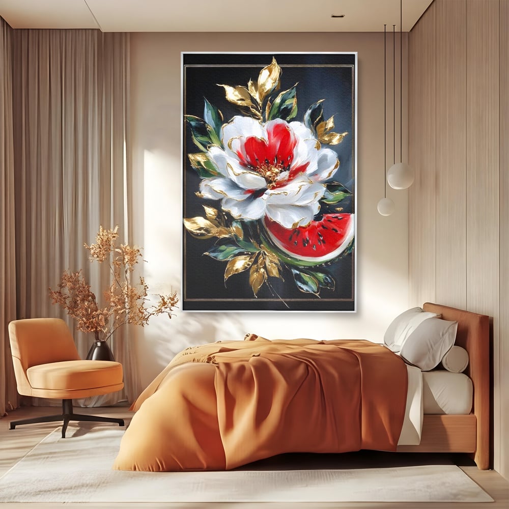 Tablou canvas cu tablou canvas cu floare si pepene, in rama de aluminiu argintiu, pe perete intr-un dormitor