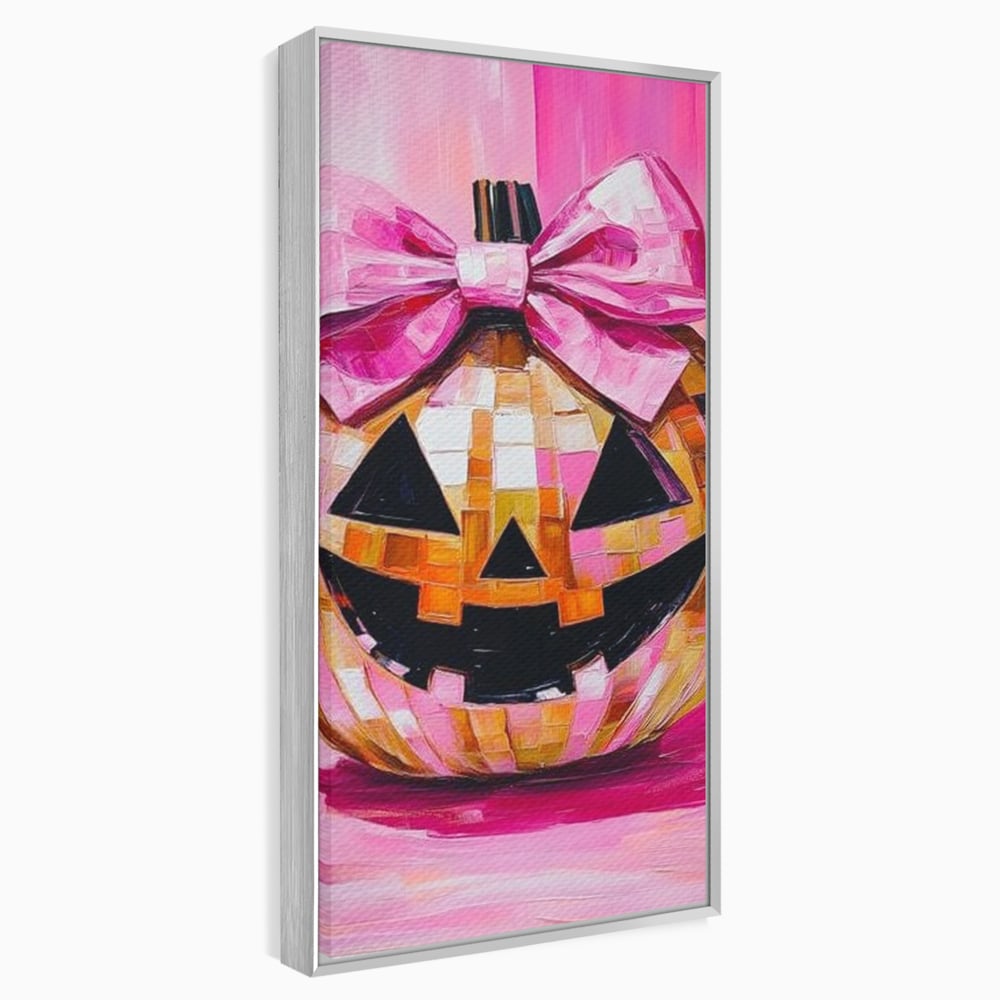 Tablou canvas cu tablou canvas cu dovleac roz si fundita, in rama de aluminiu argintiu