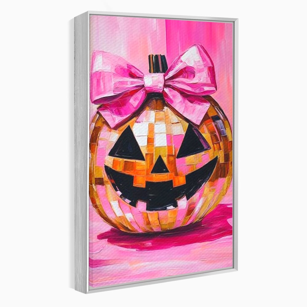 Tablou canvas cu tablou canvas cu dovleac roz si fundita, in rama de aluminiu argintiu