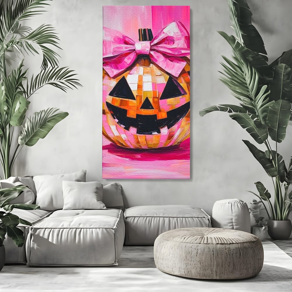 Tablou canvas cu tablou canvas cu dovleac roz si fundita, fara rama, pe sasiu de lemn, pe perete intr-un living