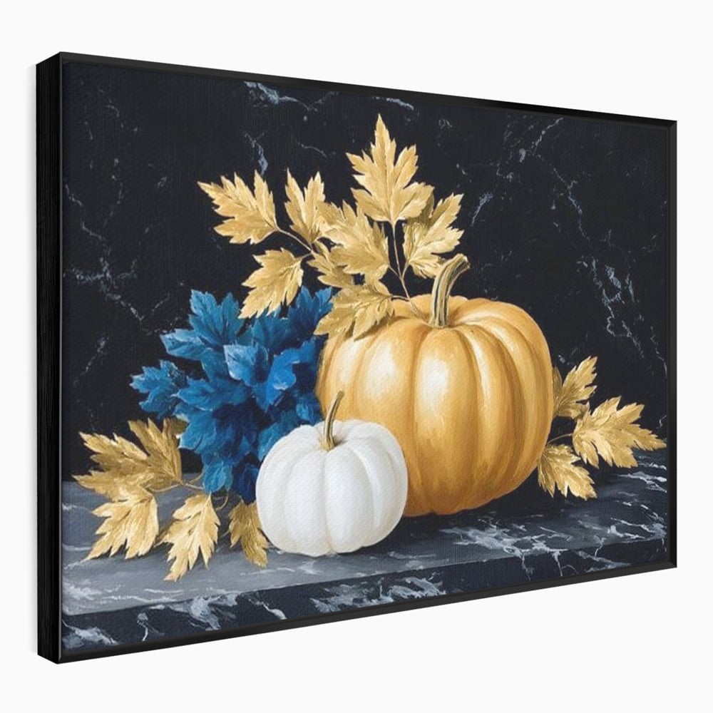 Tablou canvas cu natura statica cu dovleci si frunze, in rama de aluminiu negru