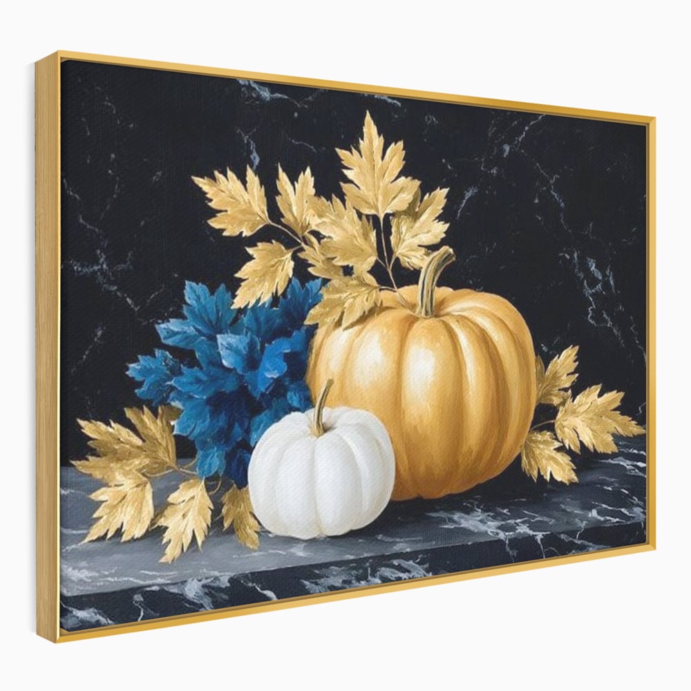 Tablou canvas cu natura statica cu dovleci si frunze, in rama de aluminiu auriu