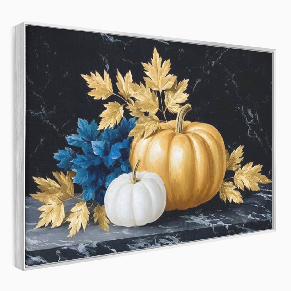 Tablou canvas cu natura statica cu dovleci si frunze, in rama de aluminiu argintiu