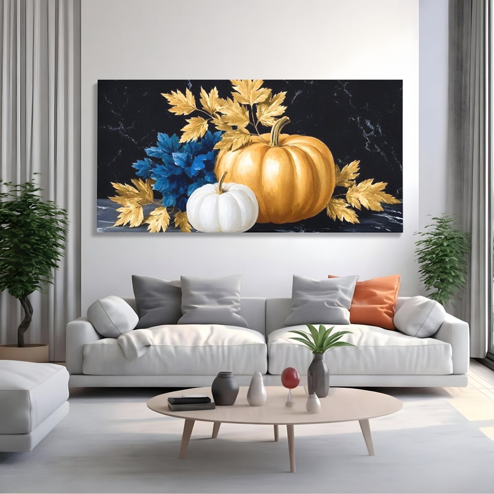 Tablou canvas cu natura statica cu dovleci si frunze, fara rama, pe sasiu de lemn, pe perete intr-un living