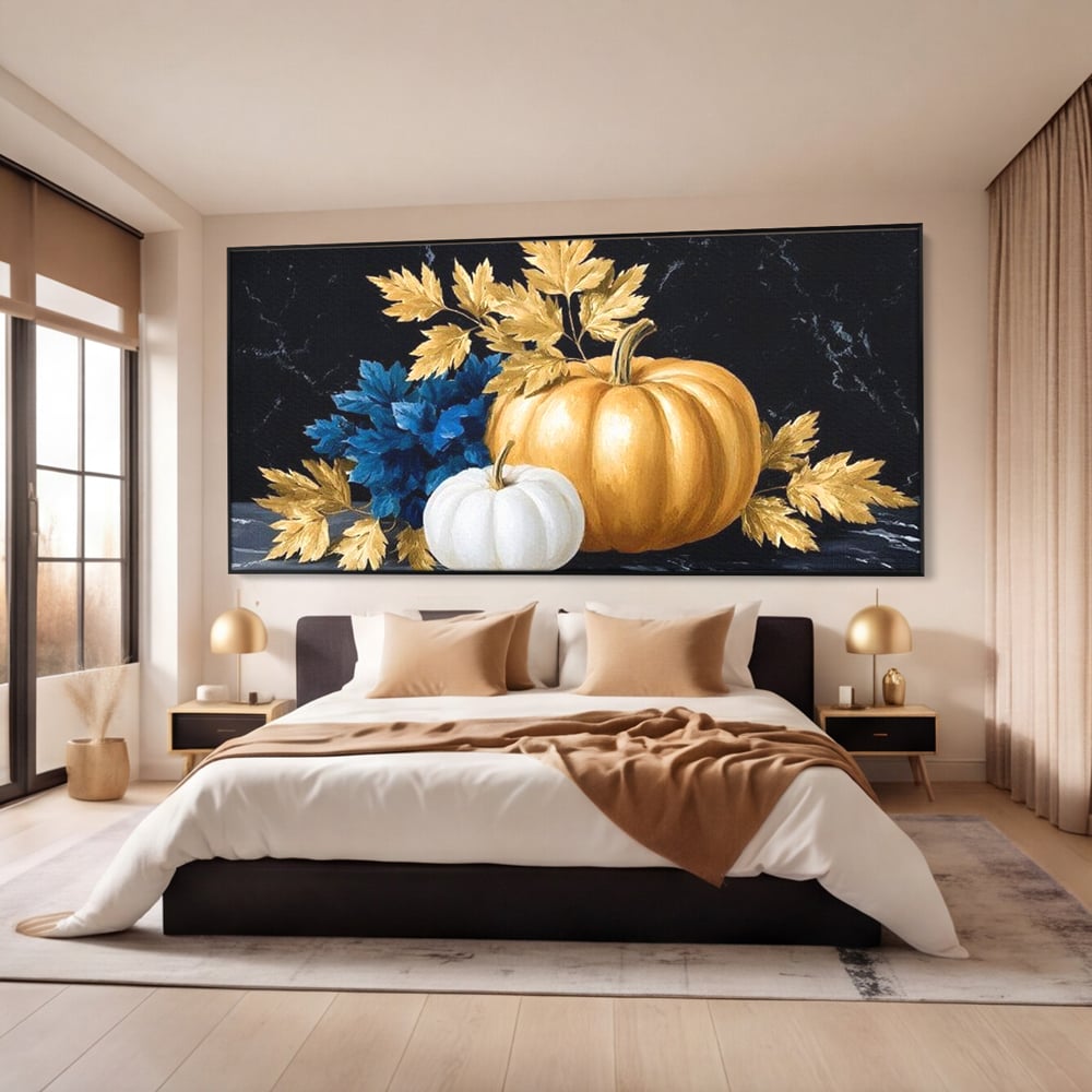 Tablou canvas cu natura statica cu dovleci si frunze, in rama de aluminiu negru, pe perete intr-un dormitor