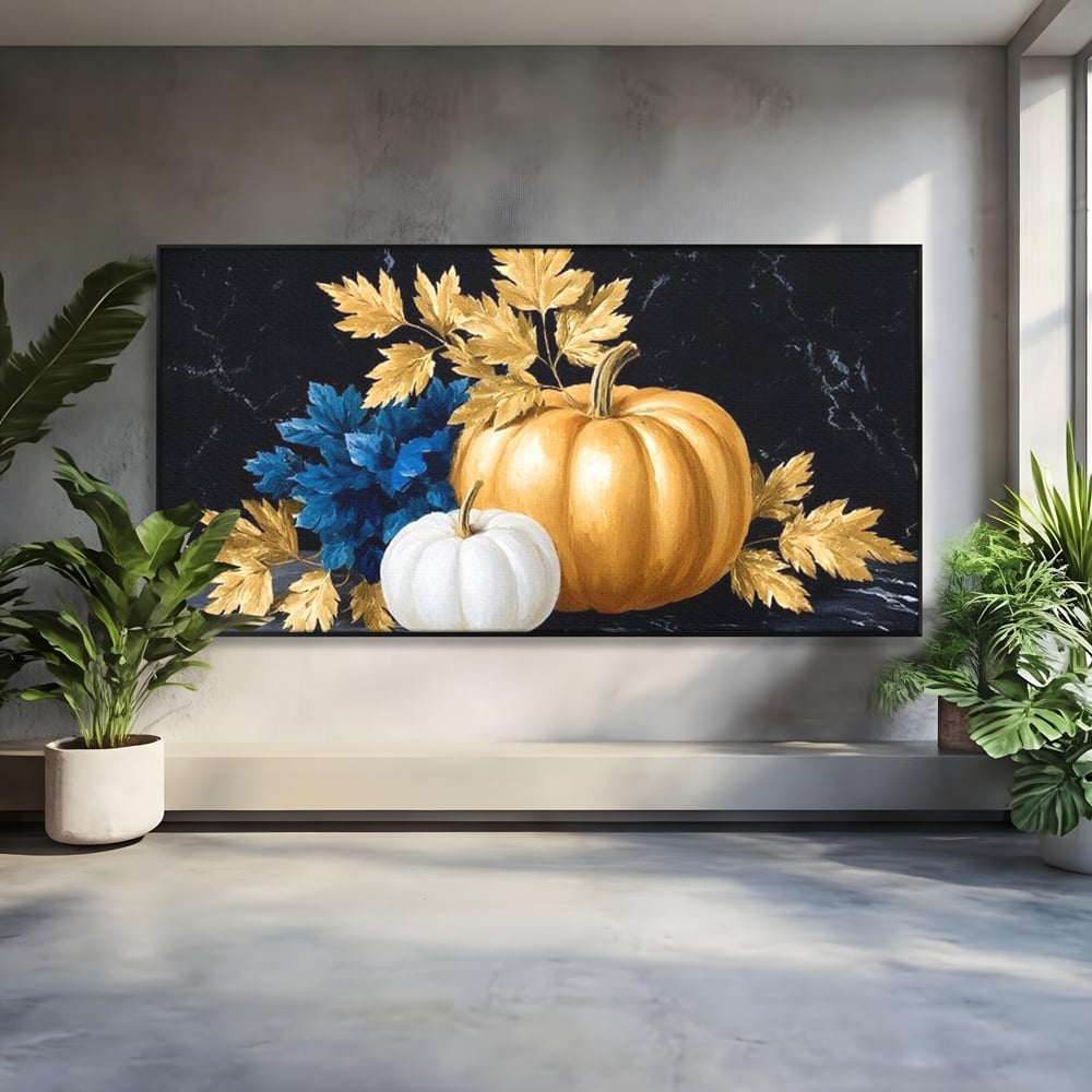 Tablou canvas cu natura statica cu dovleci si frunze, in rama de aluminiu negru
