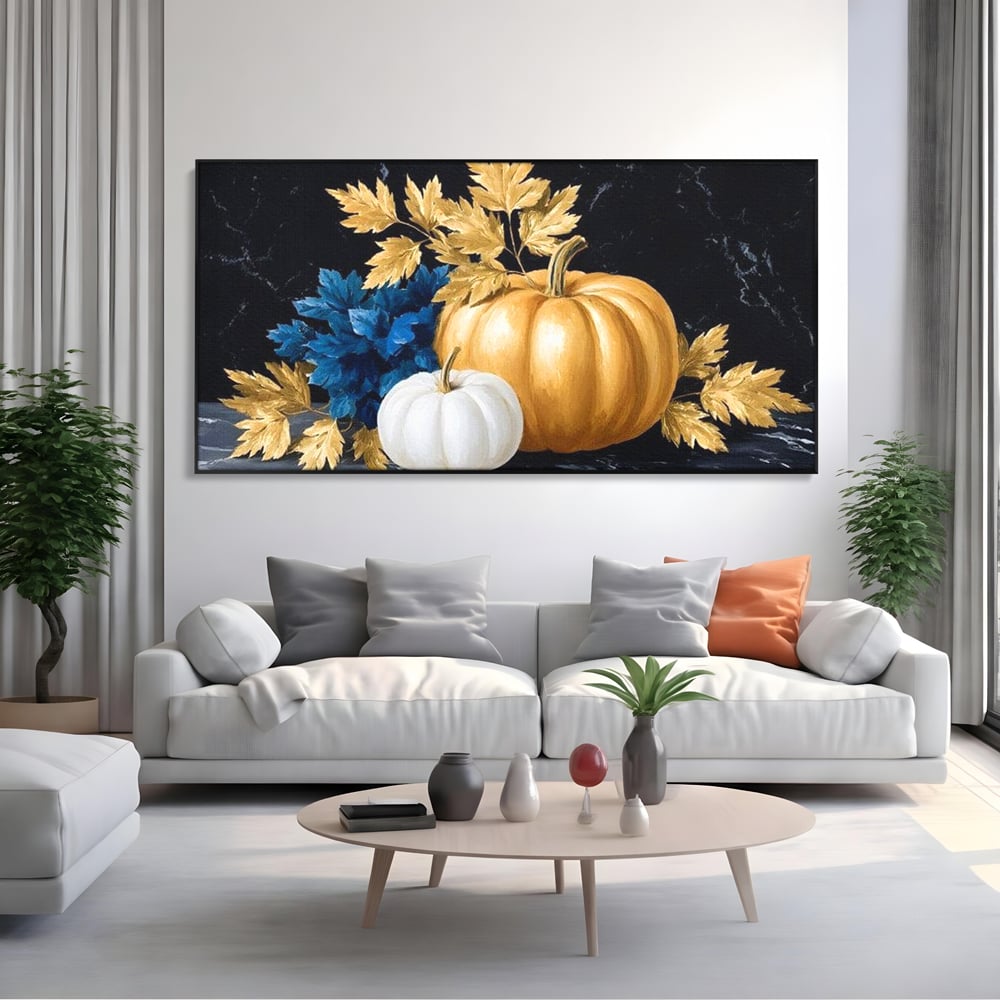 Tablou canvas cu natura statica cu dovleci si frunze, in rama de aluminiu negru, pe perete intr-un living