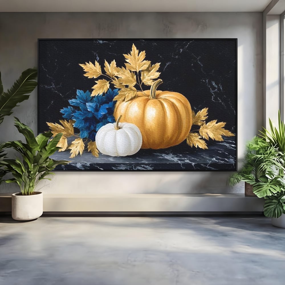 Tablou canvas cu natura statica cu dovleci si frunze, in rama de aluminiu negru