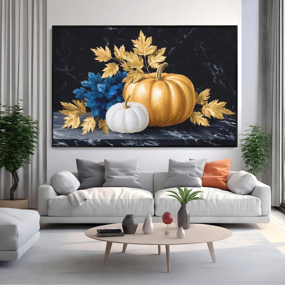 Tablou canvas cu natura statica cu dovleci si frunze, in rama de aluminiu negru, pe perete intr-un living
