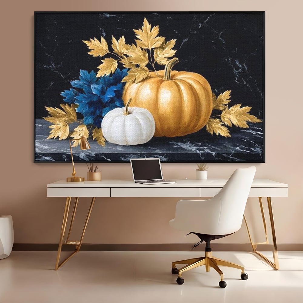 Tablou canvas cu natura statica cu dovleci si frunze, in rama de aluminiu negru, pe perete intr-un birou