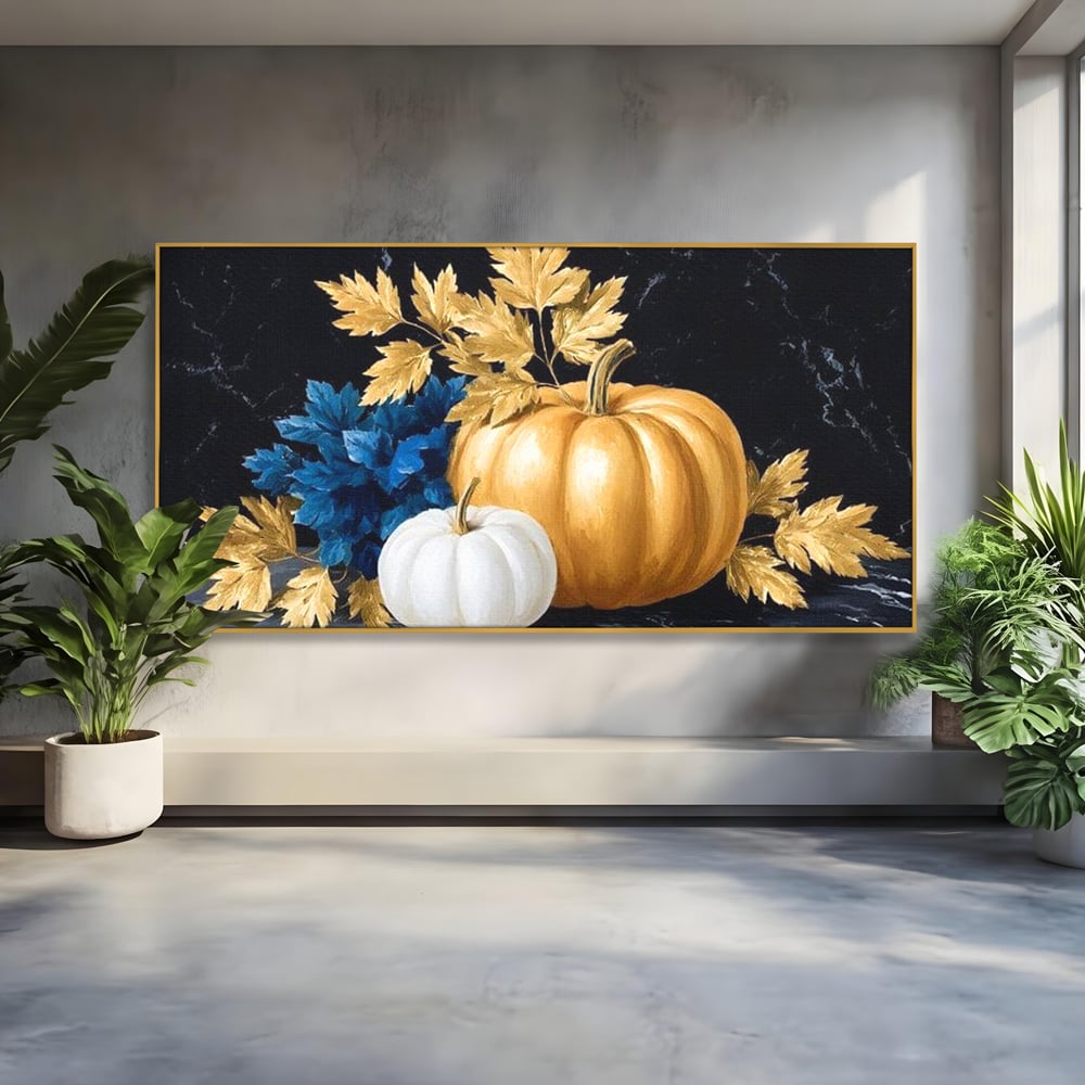 Tablou canvas cu natura statica cu dovleci si frunze, in rama de aluminiu auriu