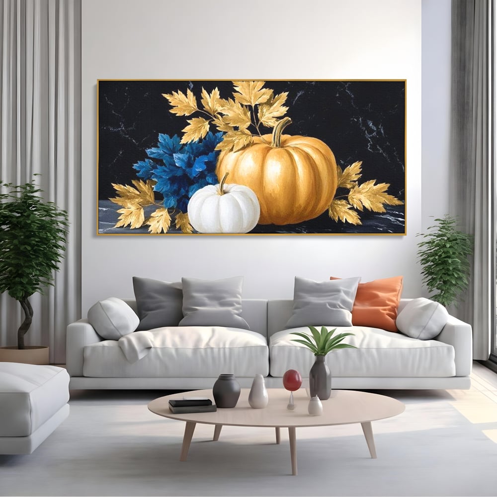 Tablou canvas cu natura statica cu dovleci si frunze, in rama de aluminiu auriu, pe perete intr-un living