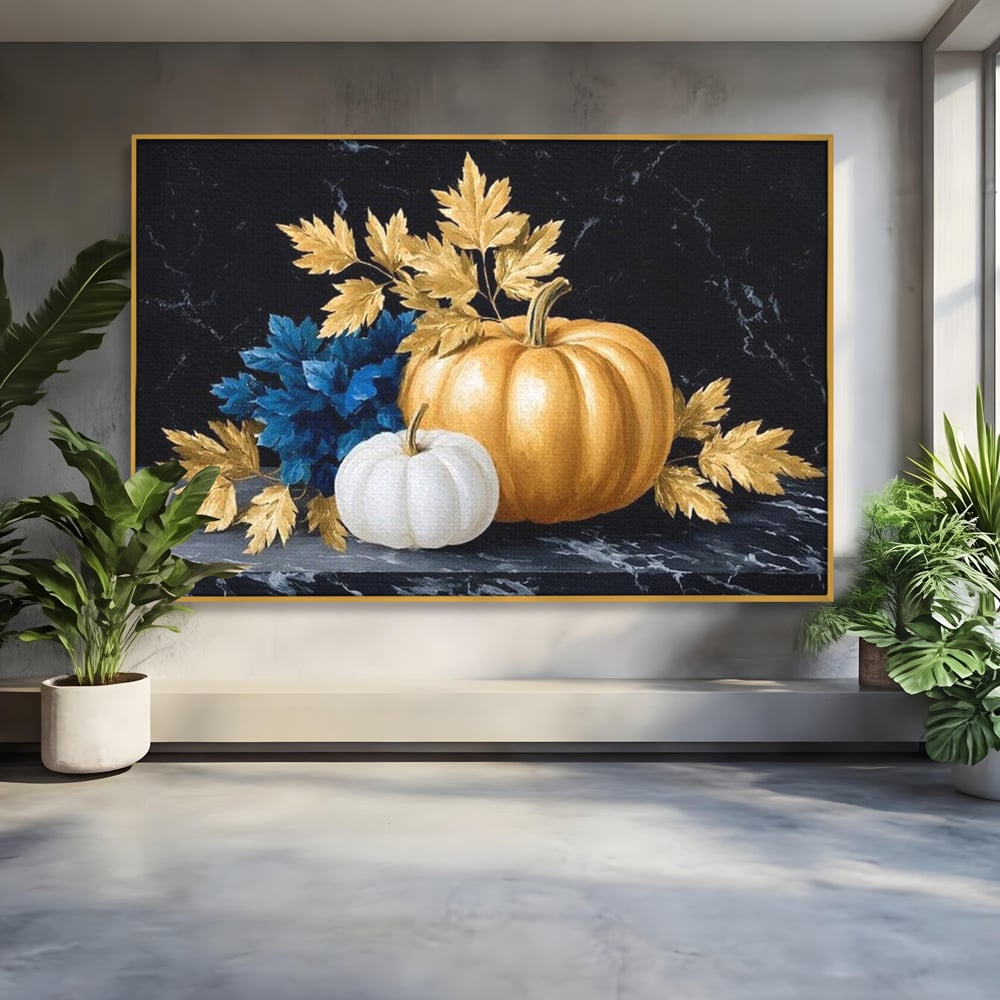 Tablou canvas cu natura statica cu dovleci si frunze, in rama de aluminiu auriu