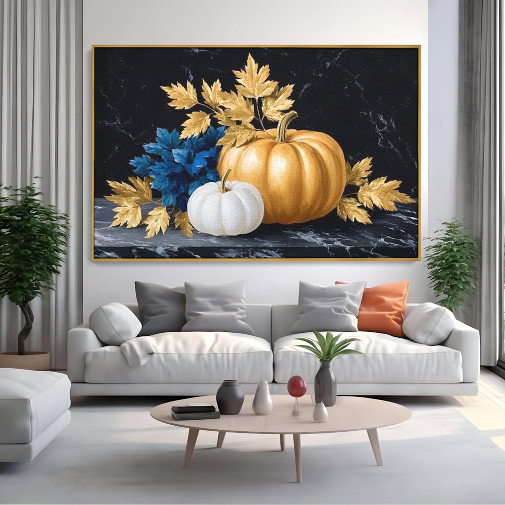 Tablou canvas cu natura statica cu dovleci si frunze, in rama de aluminiu auriu, pe perete intr-un living