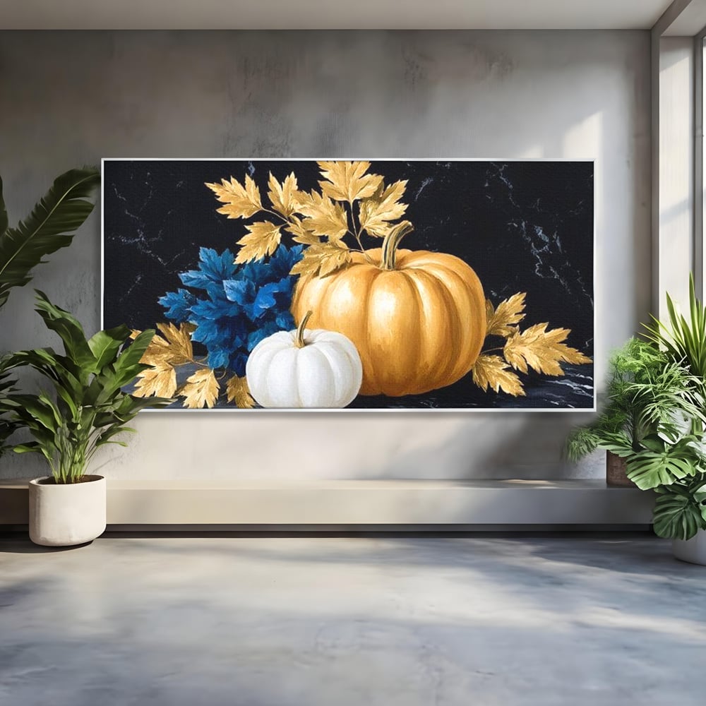 Tablou canvas cu natura statica cu dovleci si frunze, in rama de aluminiu argintiu