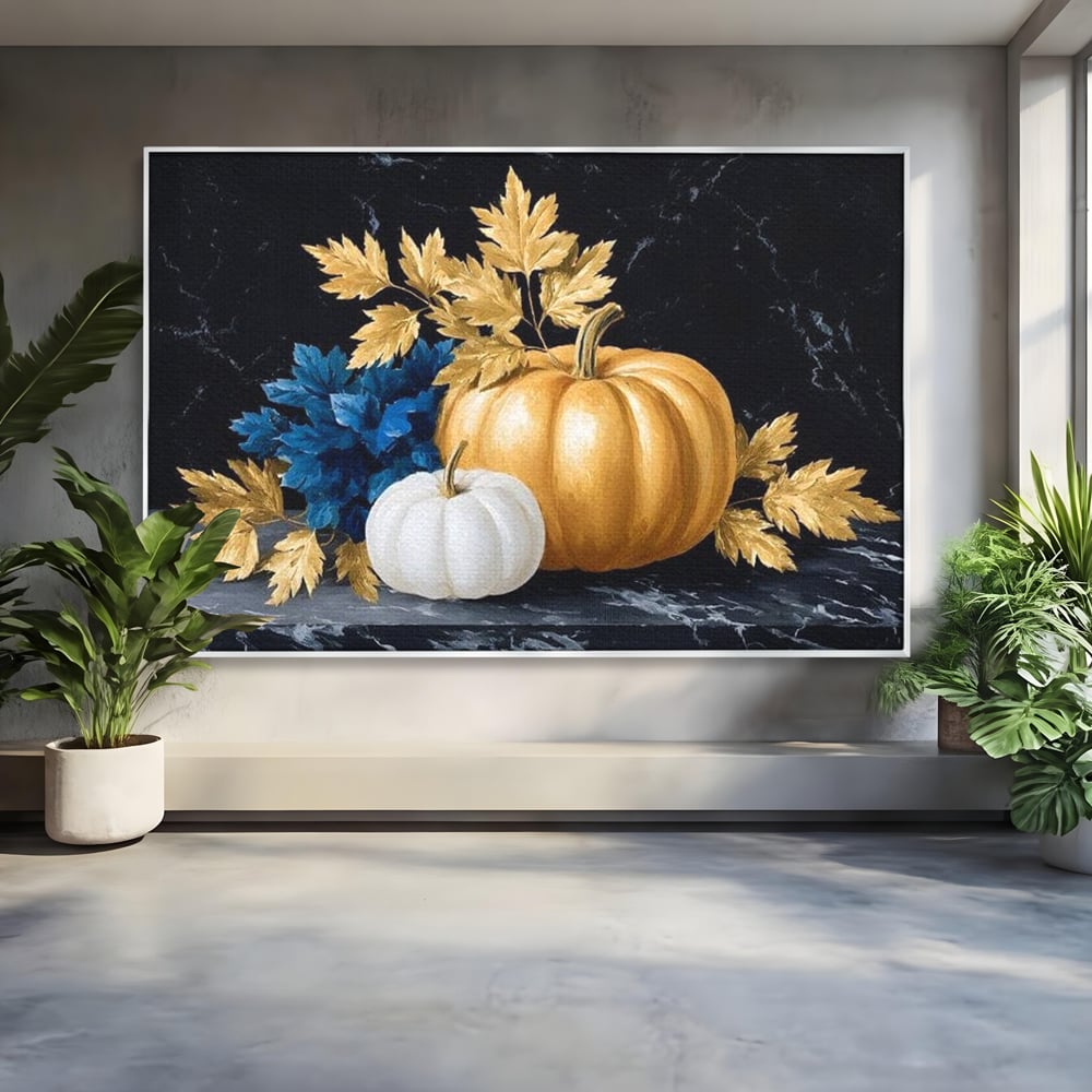Tablou canvas cu natura statica cu dovleci si frunze, in rama de aluminiu argintiu