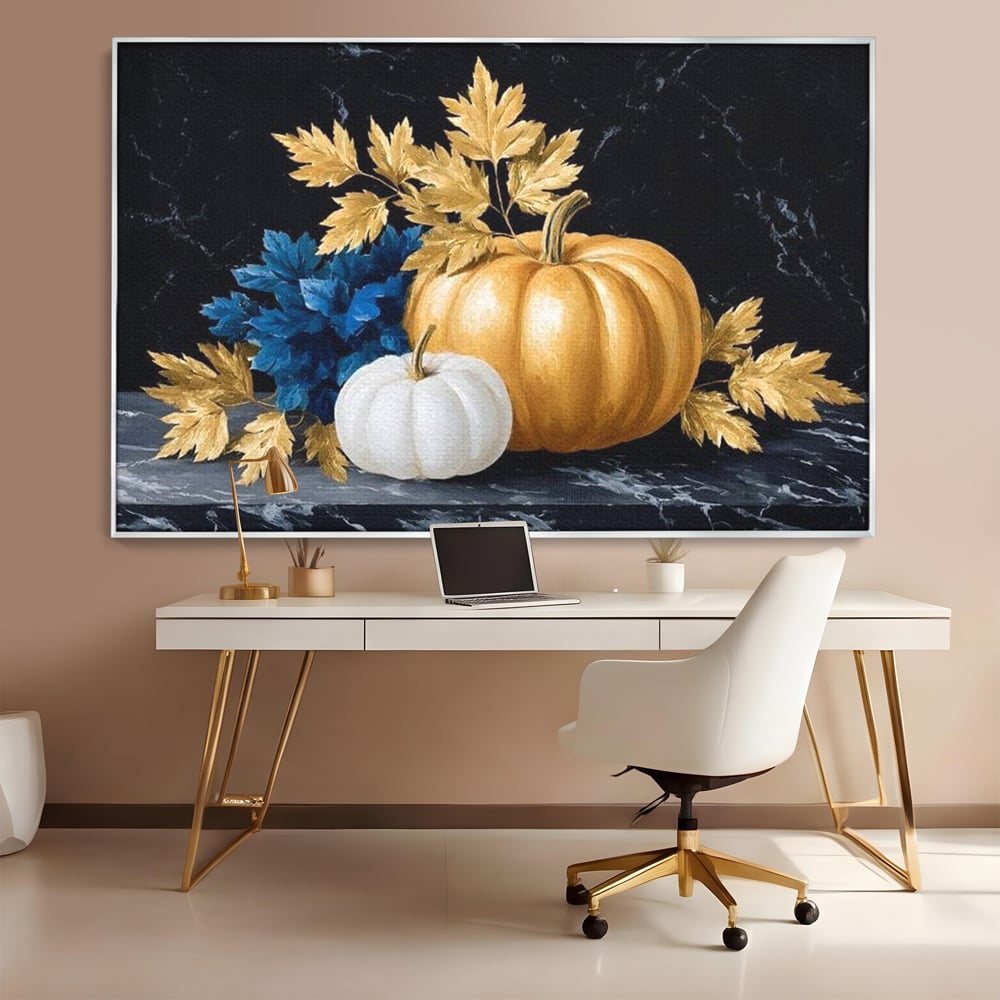 Tablou canvas cu natura statica cu dovleci si frunze, in rama de aluminiu argintiu, pe perete intr-un birou