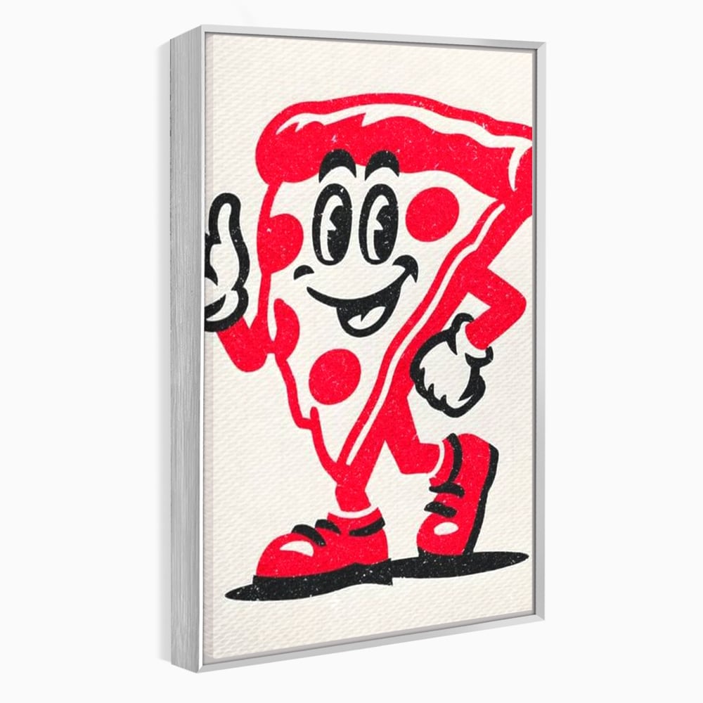 Tablou canvas cu ilustratie retro cu felie de pizza, in rama de aluminiu argintiu