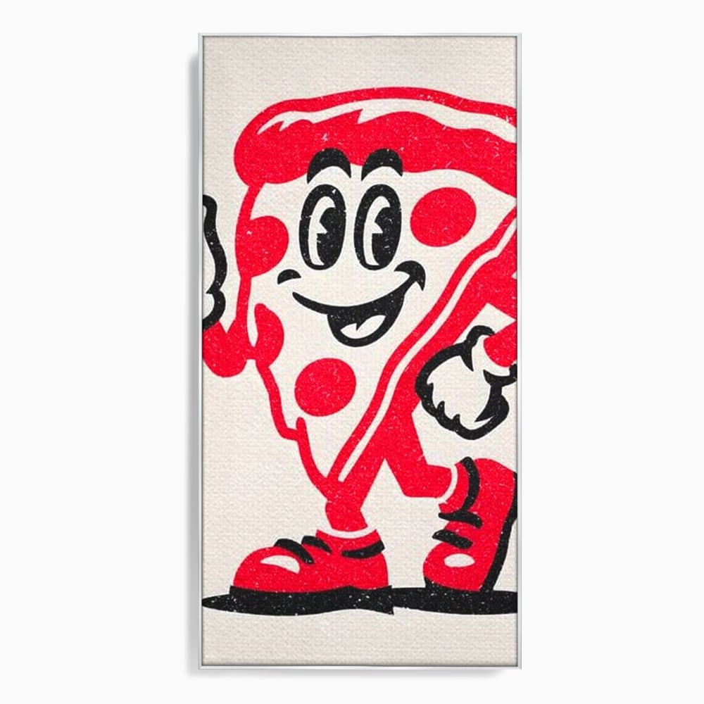 Tablou canvas cu ilustratie retro cu felie de pizza, in rama de aluminiu argintiu