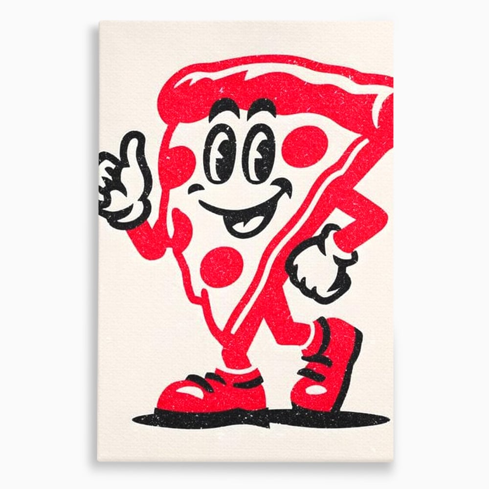 Tablou canvas cu ilustratie retro cu felie de pizza, fara rama, pe sasiu de lemn