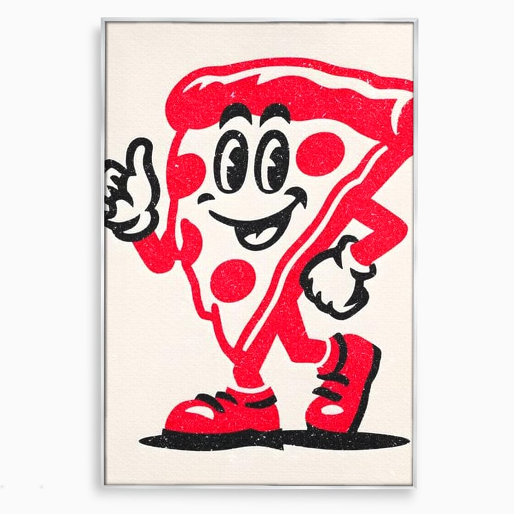 Tablou canvas cu ilustratie retro cu felie de pizza, in rama de aluminiu argintiu