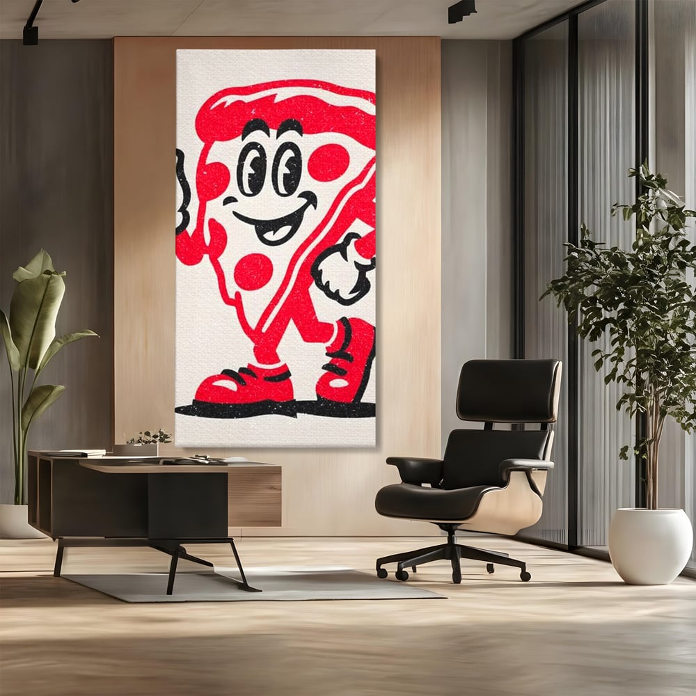 Tablou canvas cu ilustratie retro cu felie de pizza, fara rama, pe sasiu de lemn, pe perete intr-un birou