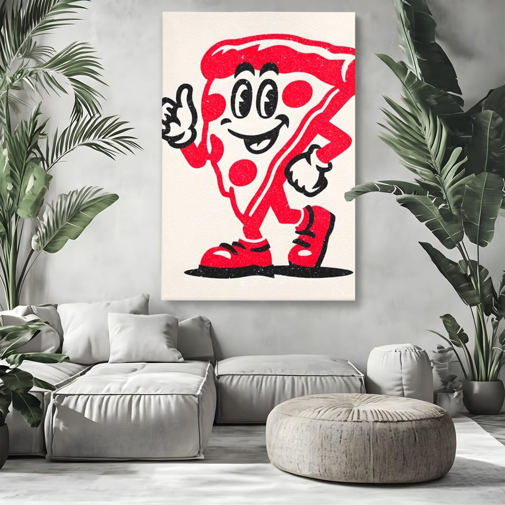 Tablou canvas cu ilustratie retro cu felie de pizza, fara rama, pe sasiu de lemn, pe perete intr-un living