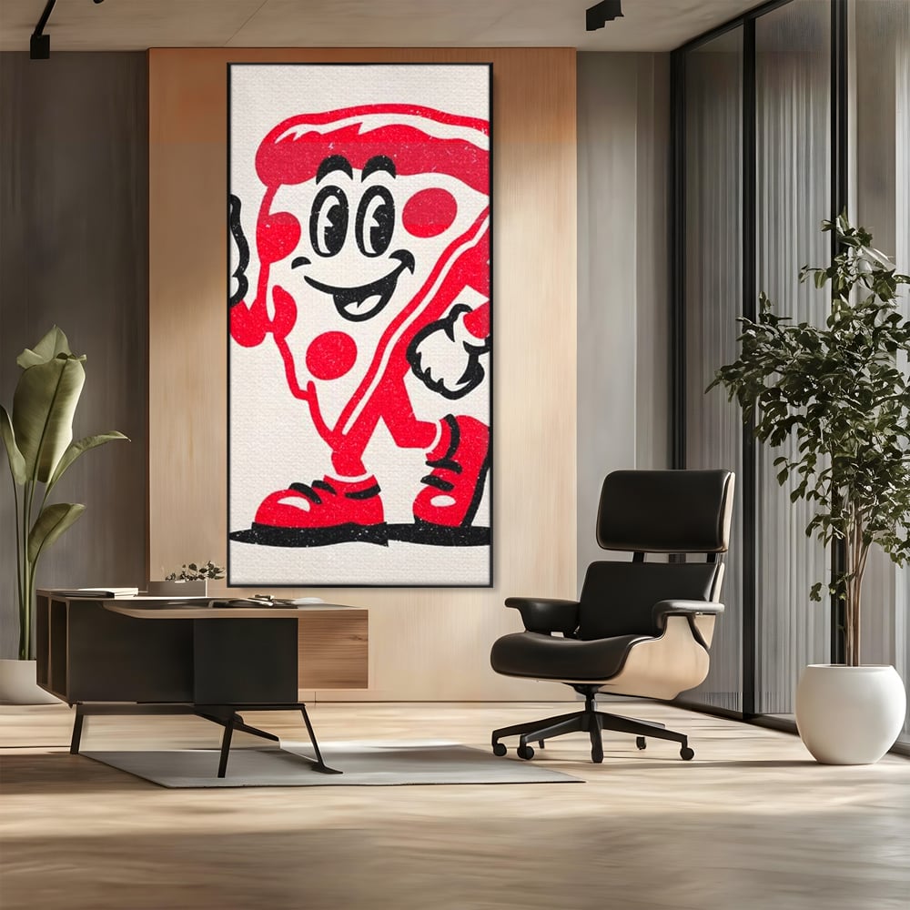 Tablou canvas cu ilustratie retro cu felie de pizza, in rama de aluminiu negru, pe perete intr-un birou