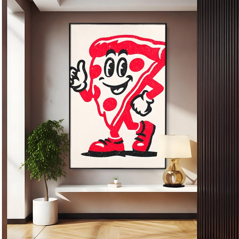 Tablou canvas cu ilustratie retro cu felie de pizza, in rama de aluminiu negru