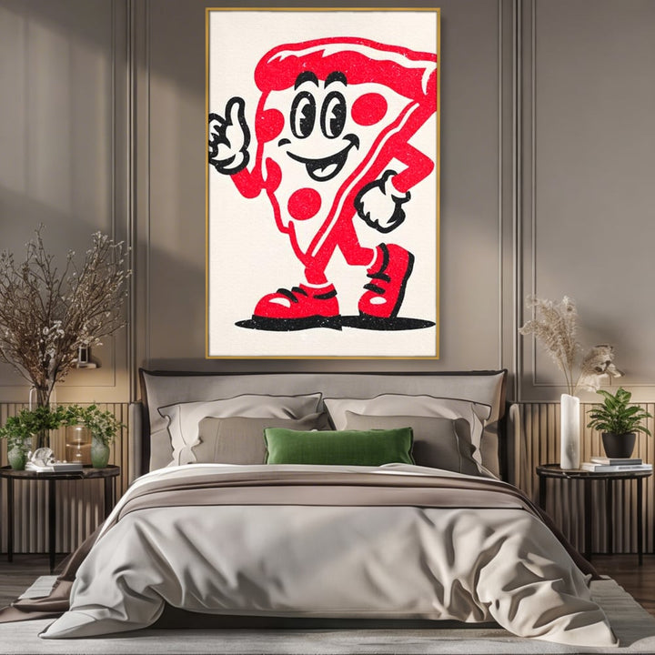 Tablou canvas cu ilustratie retro cu felie de pizza, in rama de aluminiu auriu, pe perete intr-un dormitor