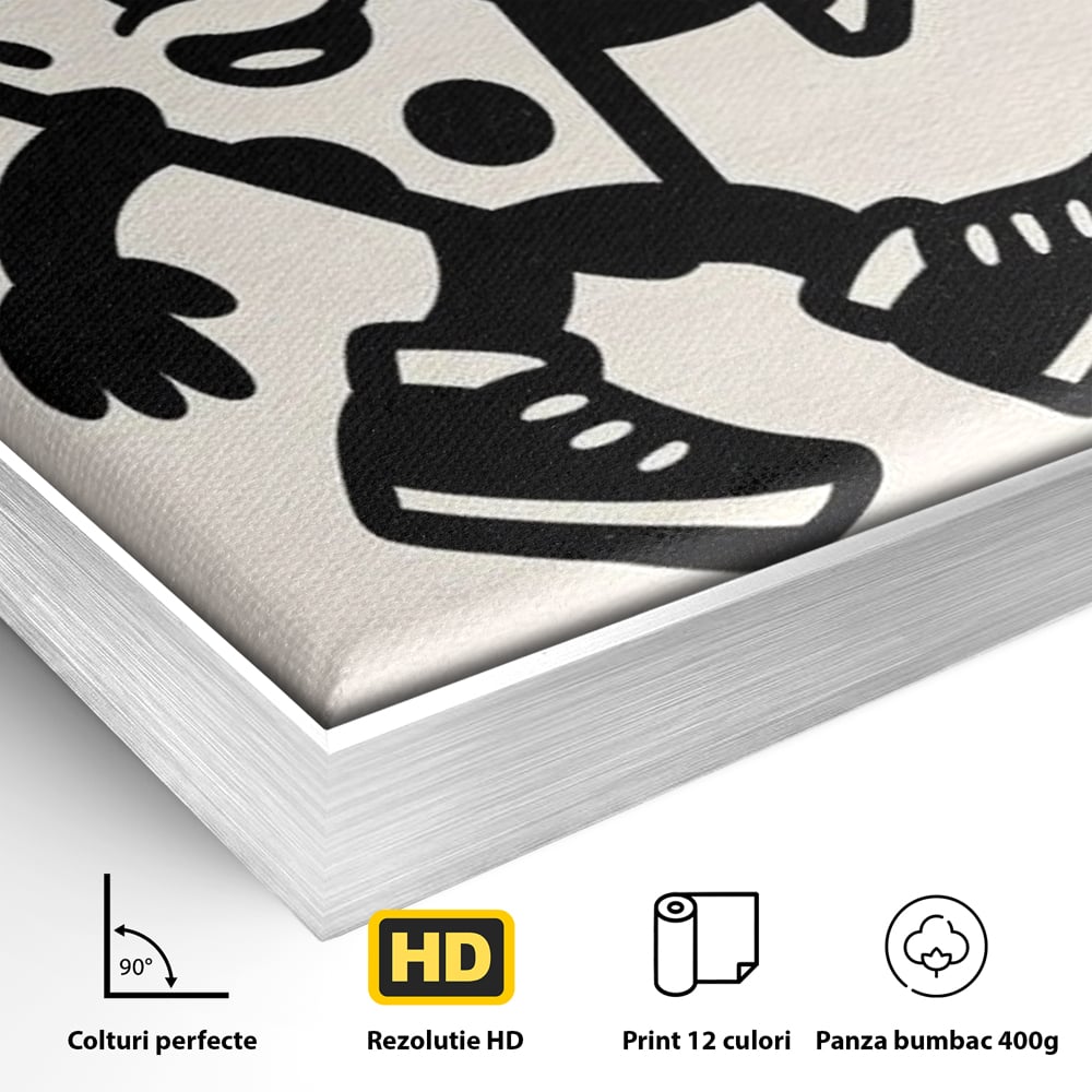 Detaliu al suprafetei: ilustratie retro cu mascota pizza, in rama de aluminiu argintiu