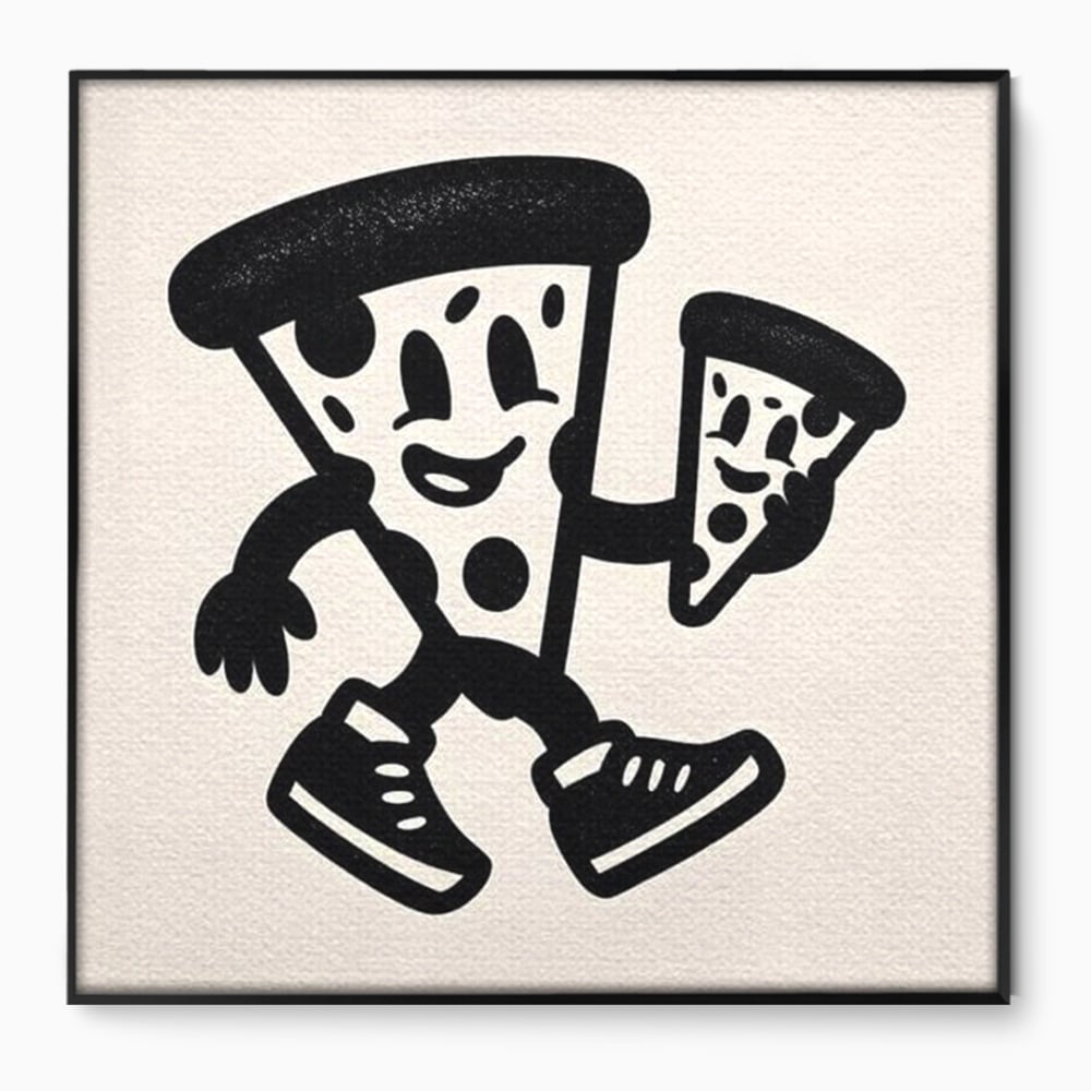Tablou canvas cu ilustratie retro cu mascota pizza, in rama de aluminiu negru
