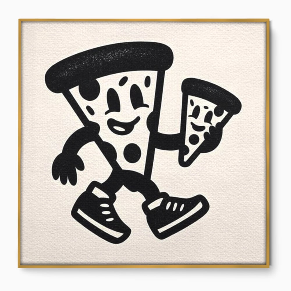 Tablou canvas cu ilustratie retro cu mascota pizza, in rama de aluminiu auriu