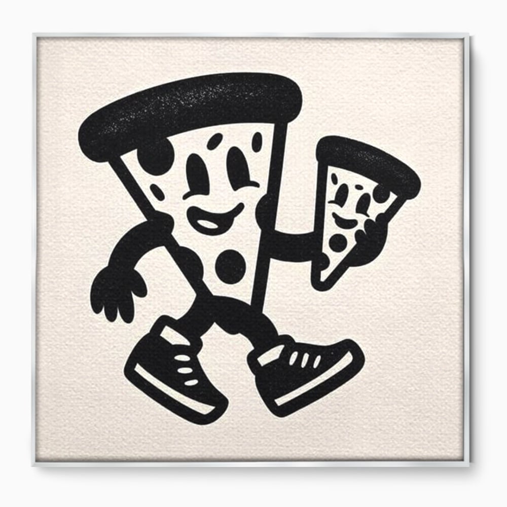 Tablou canvas cu ilustratie retro cu mascota pizza, in rama de aluminiu argintiu