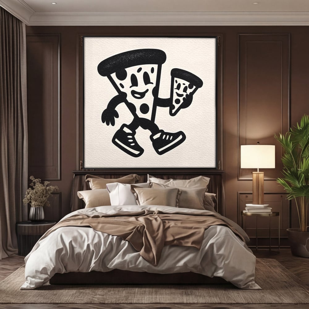 Tablou canvas cu ilustratie retro cu mascota pizza, in rama de aluminiu negru, pe perete intr-un dormitor