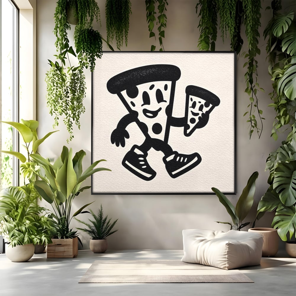 Tablou canvas cu ilustratie retro cu mascota pizza, in rama de aluminiu negru