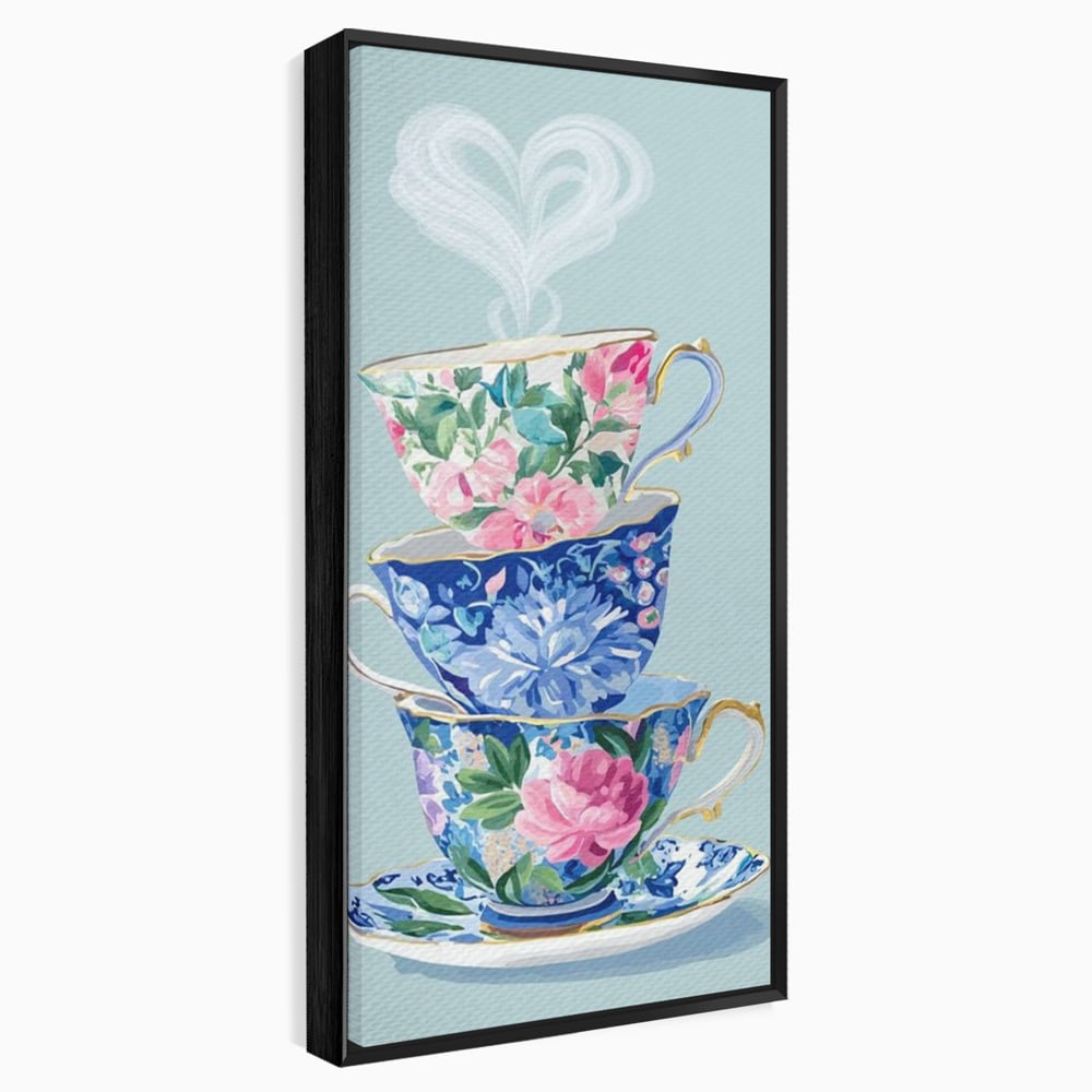 Tablou canvas cu pictura cu stiva de cesti de ceai, in rama de aluminiu negru