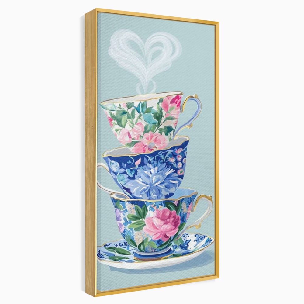 Tablou canvas cu pictura cu stiva de cesti de ceai, in rama de aluminiu auriu